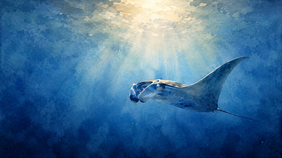 A soft watercolour painting of a manta ray gliding through deep blue water, with shafts of sunlight filtering down from the surface.