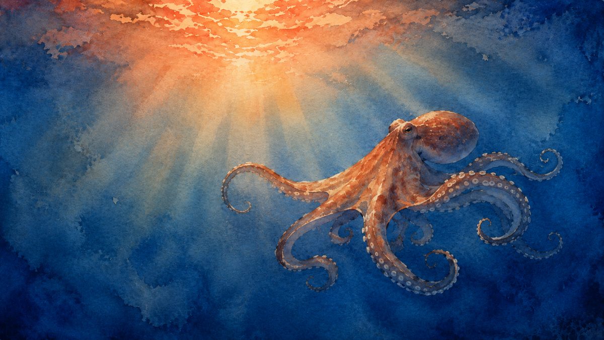 A soft watercolour painting of an octopus drifting through deep sunlit blue water, with golden rays of light filtering down from the surface.