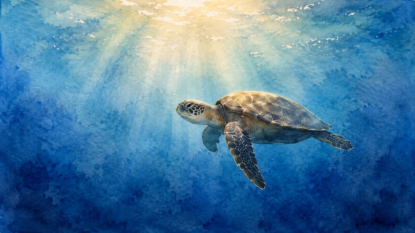A soft watercolour painting of a sea turtle gliding through sunlit blue water, with rays of light filtering down from the surface.